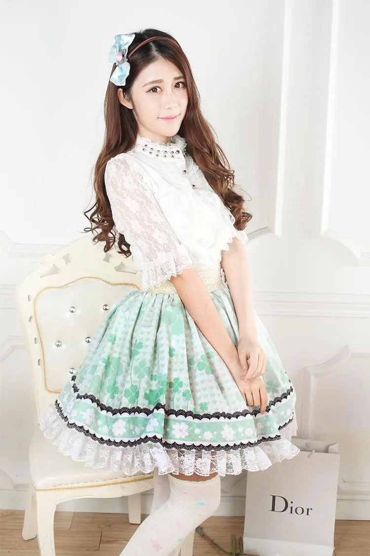 Sweet Light Green Short Skirt Cute Clover Printed Lolita Pleated Skirt with Lace Trimming