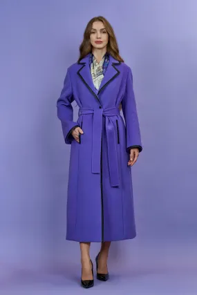 TANYA COUTURE Virgin Wool Cashmere Purple Belted Tailred Long Coat