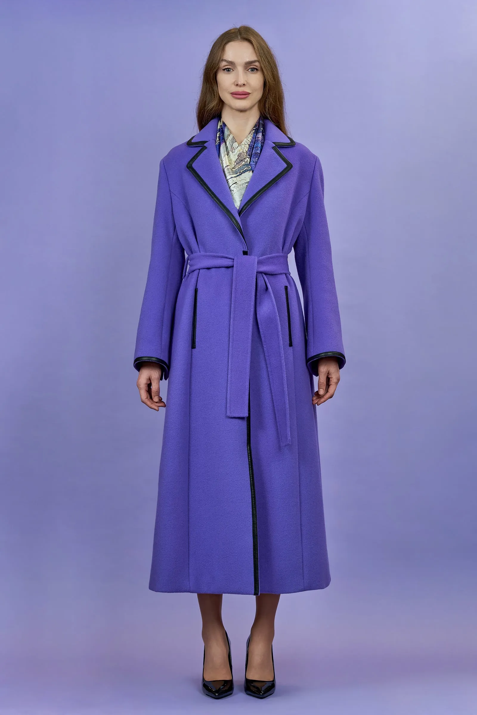 TANYA COUTURE Virgin Wool Cashmere Purple Belted Tailred Long Coat