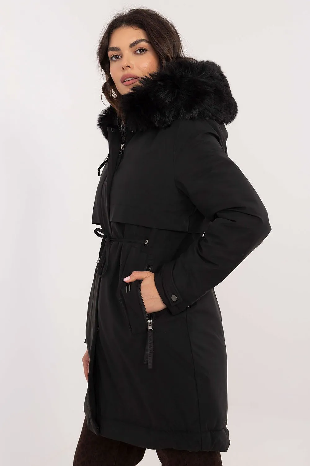 TEEK - Waist Pull Plush Hooded Coat