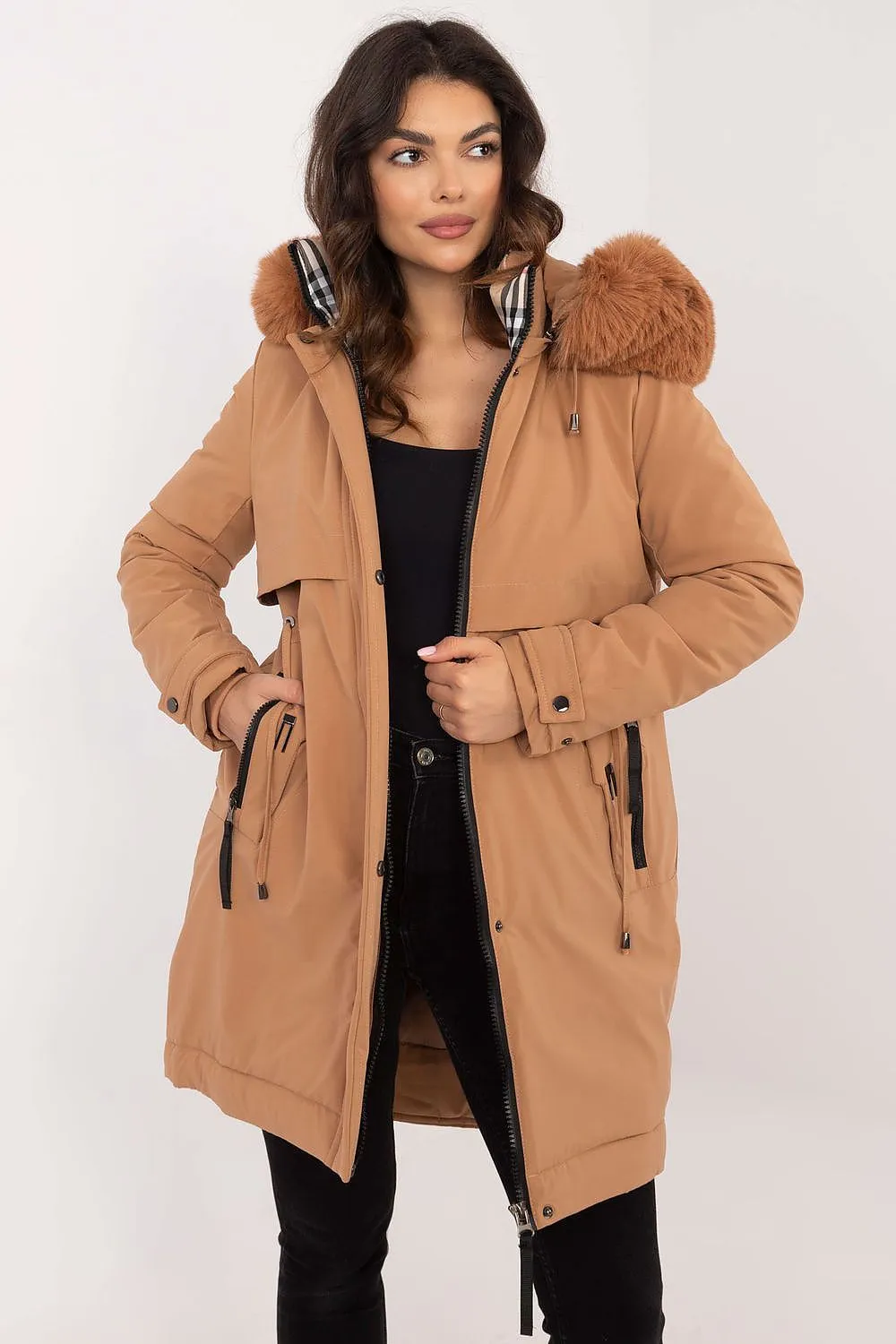 TEEK - Waist Pull Plush Hooded Coat