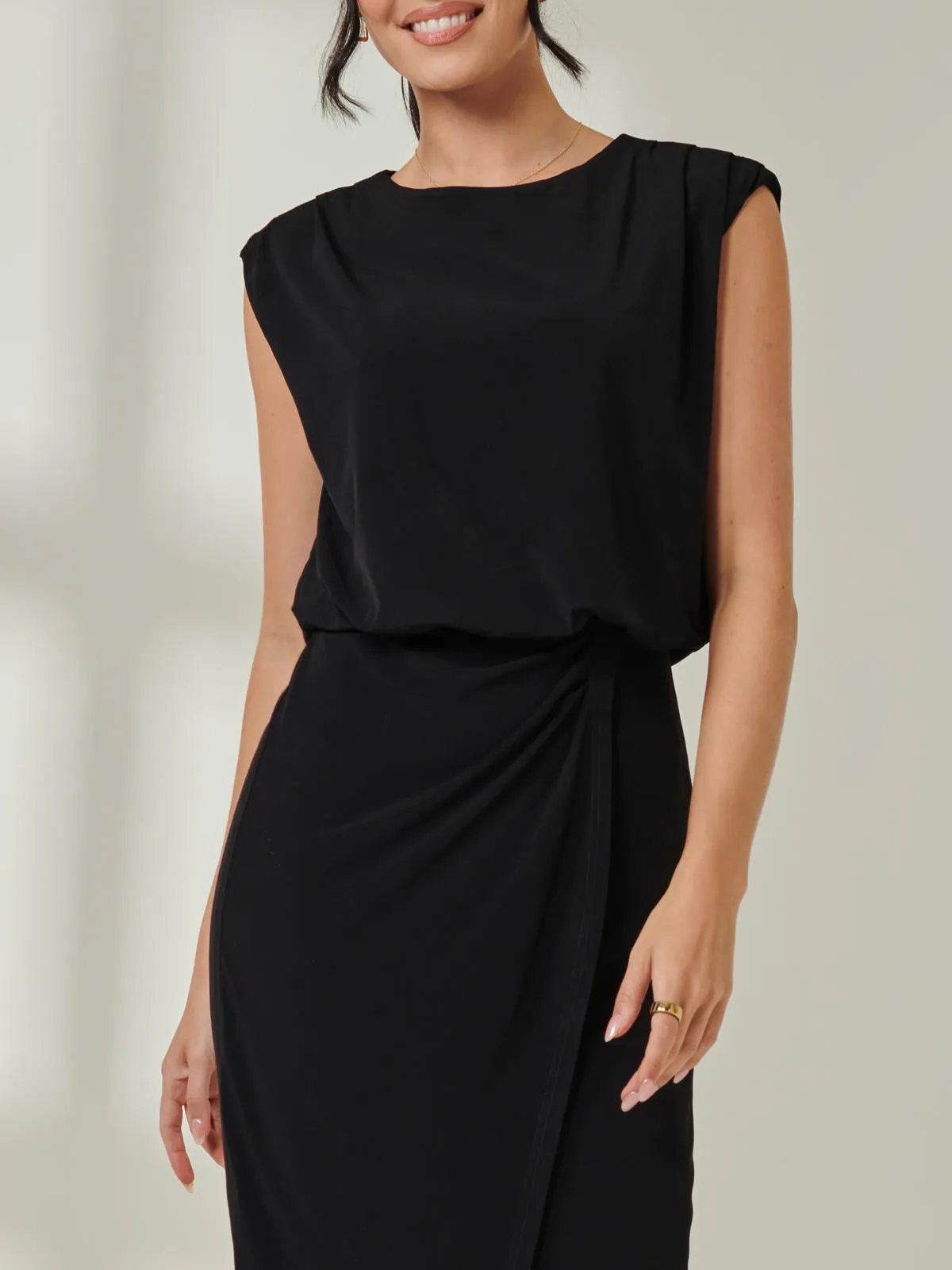 Tiered Draped Pencil Dress, Black