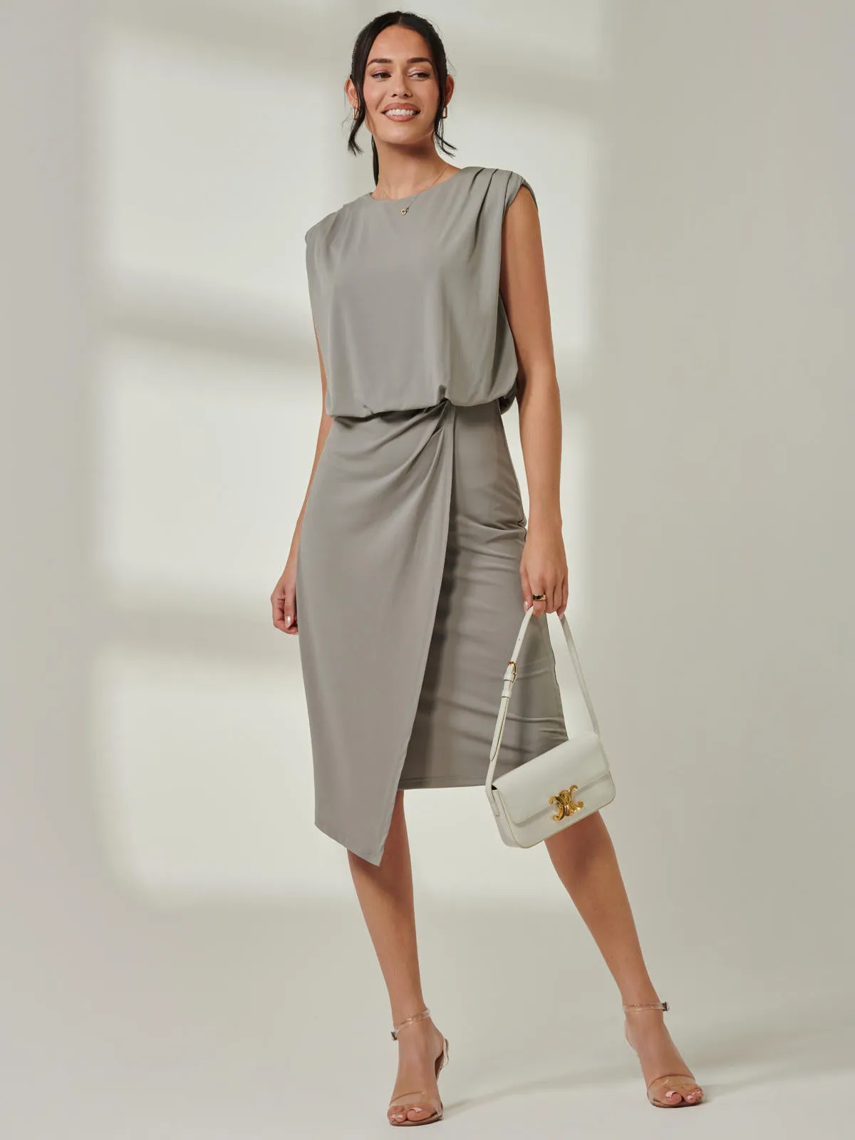 Tiered Draped Pencil Dress, Light Khaki