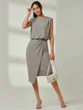 Tiered Draped Pencil Dress, Light Khaki