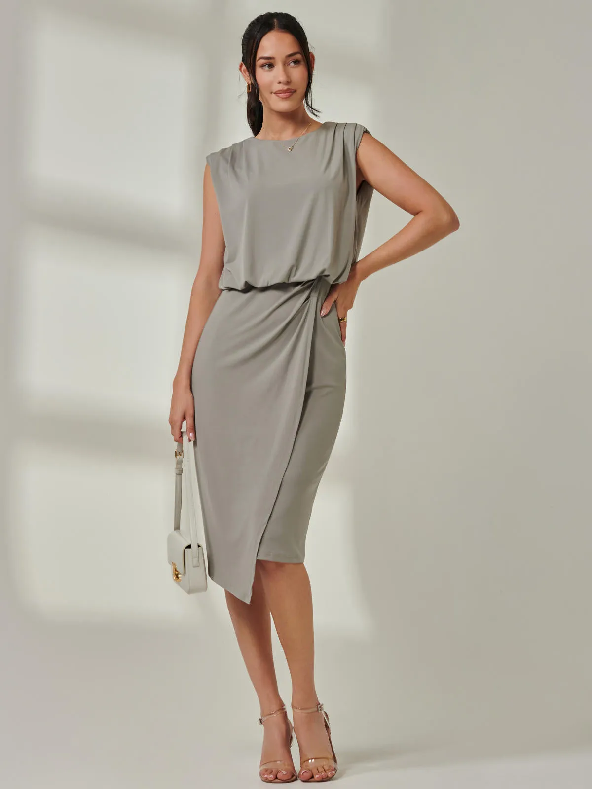 Tiered Draped Pencil Dress, Light Khaki