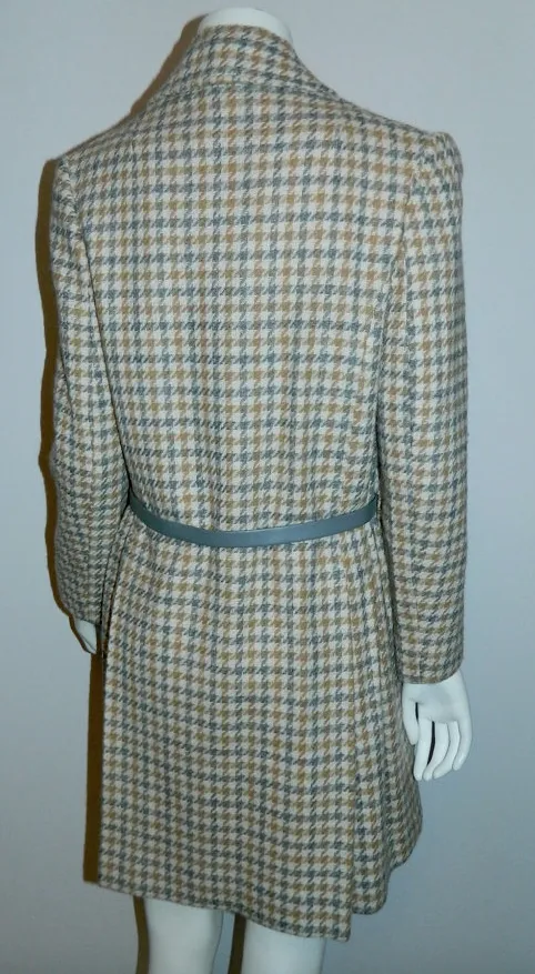 vintage 1960s plaid peacoat MOD wool coat gray camel Houndstooth S - M