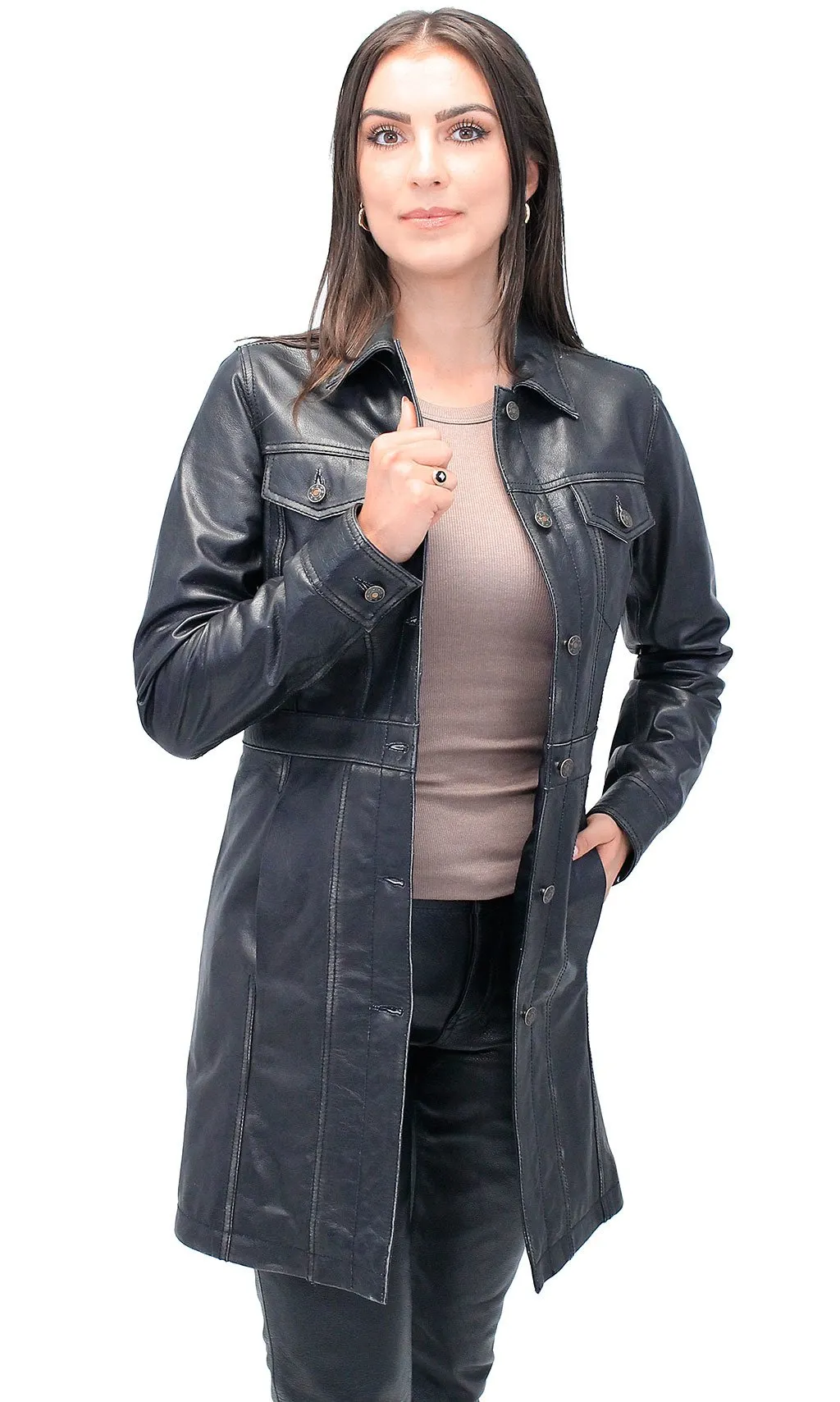 Vintage Black Extra Long Leather Coat #LA20090XLK ()