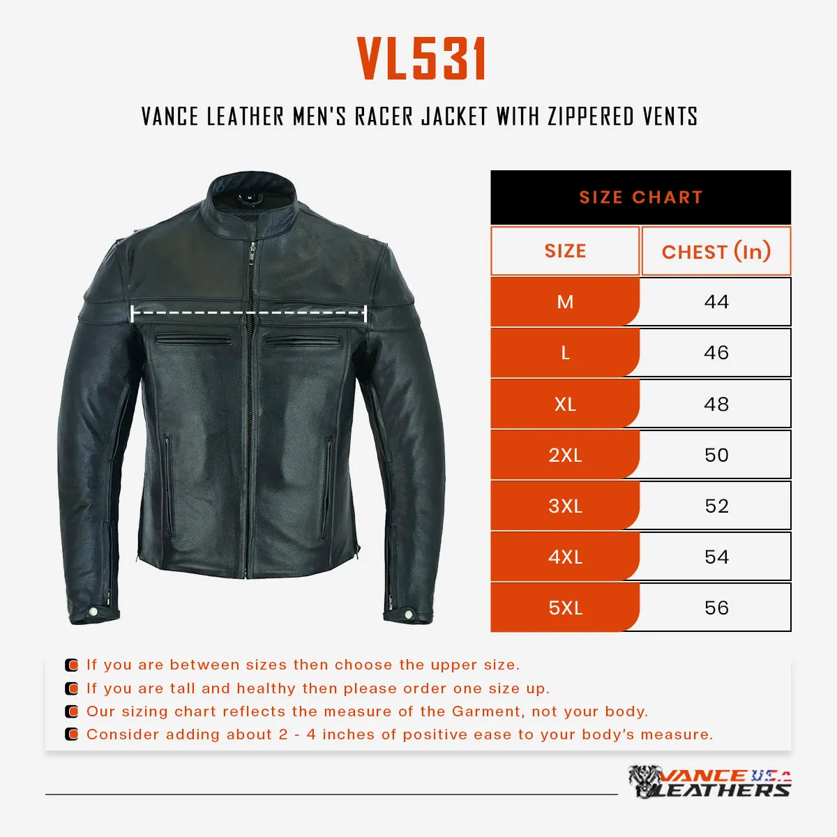 VL531 Vance Leather Men's Racer Jacket with Zippered Vents