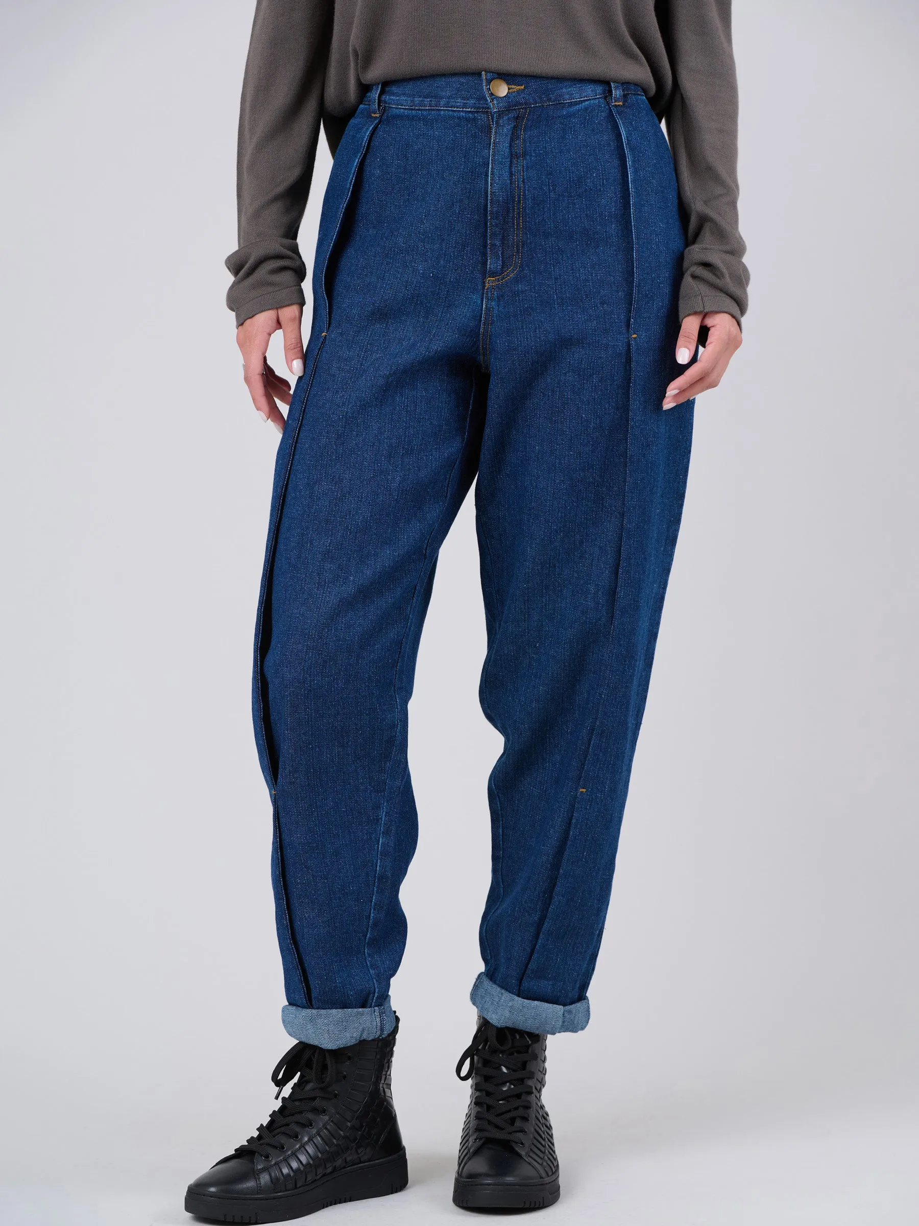 Waste Yarn Denim Side Pleat Jeans