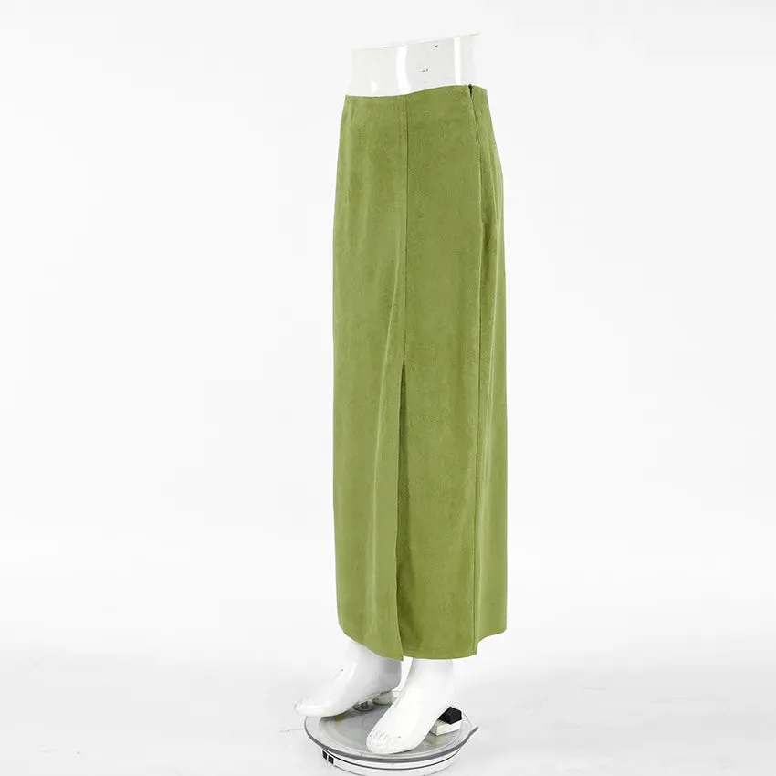 Women's Avocado Green High Waist Suede Skirt