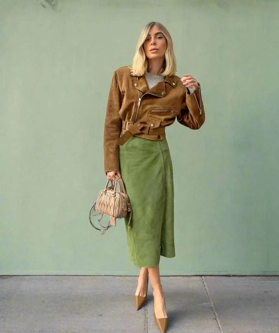 Women's Avocado Green High Waist Suede Skirt