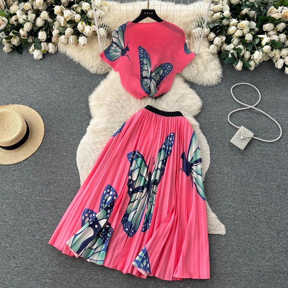 Women's Short-sleeved Top and High Waist Pleated Skirt Two-piece Outfit Set